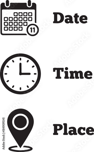 Black and white of calendar date time and location pin