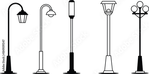Minimal Black And White Street Lamp Icons Set With Modern And Classic Outdoor Light Poles Isolated On White