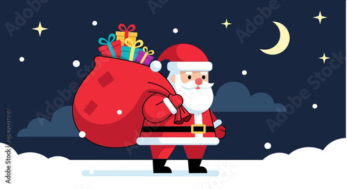 A festive character delivers a sack full of colorful presents through a snowy night, bringing joy and warmth to everyone during the Christmas holiday season