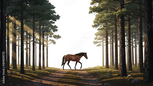 Majestic brown horse walks down a sunlit dirt path framed by tall pine trees in a serene forest clearing