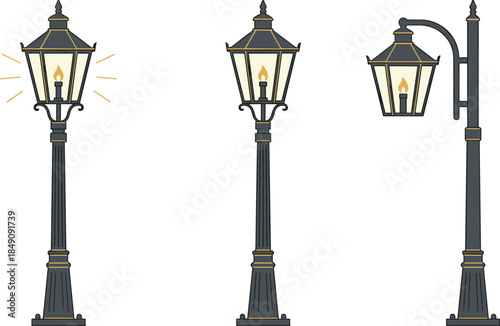 Vintage Street Lamp Set Illustration Isolated on White Background Classic Outdoor Lighting Collection Vector Design for Urban Architecture