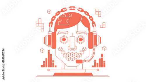 Artificial intelligence head wearing headphones and solving puzzles illustration