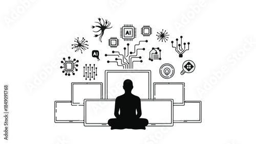 Person meditating amidst digital icons and screens