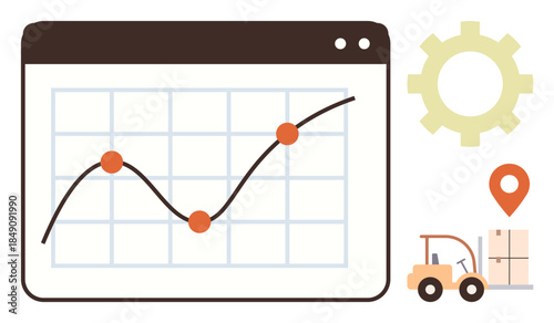 Growth chart on digital interface, gear, forklift, and location icon highlight logistics, data analysis, and supply chain improvement. Ideal for business, analysis, efficiency logistics planning