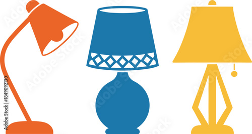 Modern Table and Desk Lamp Silhouette Set Illustration Isolated on White Background Colorful Home Lighting Flat Vector Collection