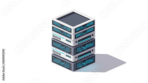 Isometric illustration of a stack of three server racks for data center and cloud computing concepts.