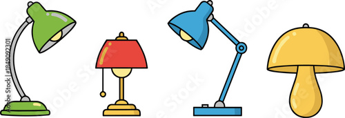 Cute Desk and Table Lamp Illustration Set Isolated on White Background Colorful Modern Home and Office Lighting Flat Vector Icons