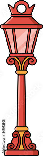 Red Vintage Street Lamp Illustration Isolated on White Background Decorative Classic Outdoor Lighting Cartoon Style Vector Design