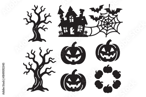 vector set halloween silhouette featuring spooky trees, haunted houses, carved pumpkin faces, spider webs, bats, and pumpkin shapes. Halloween icon. Halloween icon set.