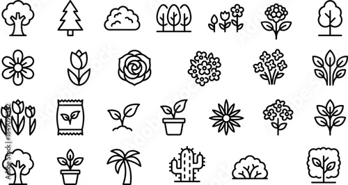 Nature line icons set, trees flowers plants garden symbols, botanical outline collection, ecology vegetation vector design elements for web apps