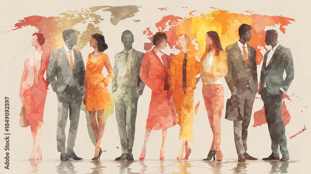 Naklejka premium Group of diverse coworkers standing in front of stylish world map representing global teamwork
