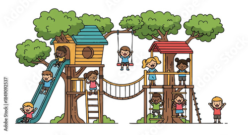 Happy children are having fun climbing and sliding on a colorful wooden treehouse playground, presented in a vibrant flat 2D cartoon vector illustration isolated on a clean white background.
