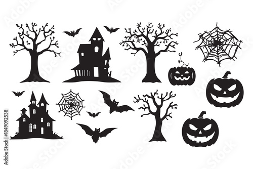 vector set halloween silhouette featuring spooky trees, haunted houses, carved pumpkin faces, spider webs, bats, and pumpkin shapes. Halloween icon. Halloween icon set.