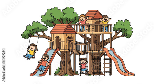 A cheerful 2D flat design illustration shows diverse children happily playing together in a multi-level wooden treehouse playground structure, isolated on a clean white background.
