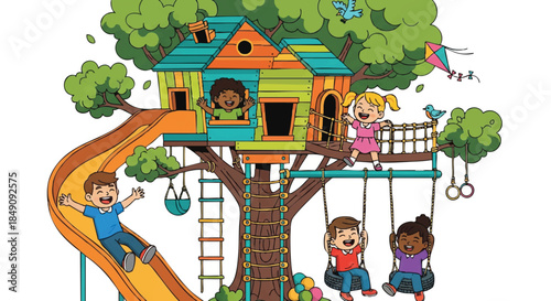 Colorful flat vector illustration of happy children playing and laughing in a vibrant wooden treehouse playground setting on a clean white background.