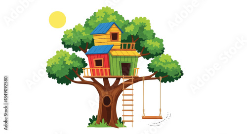 Featuring a vibrant treehouse and swing, this 2D flat design illustration captures a lively children's activity area with a ladder under bright summer sunshine, set against a clean white backdrop.