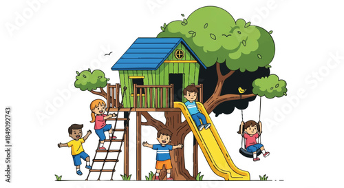Joyful children climb and slide in a colorful wooden treehouse playground setting, rendered in a modern 2D flat vector illustration isolated against a crisp white background.