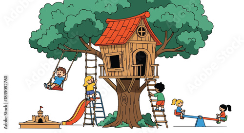Active children playing on swings and climbing ladders around a wooden treehouse in a colorful summer playground setting, rendered as a cheerful 2D flat illustration on a clean white background.