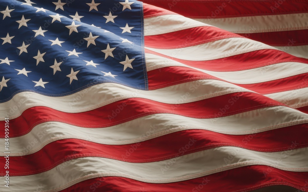 Obraz premium Close up of the American flag with stars and stripes waving in the wind