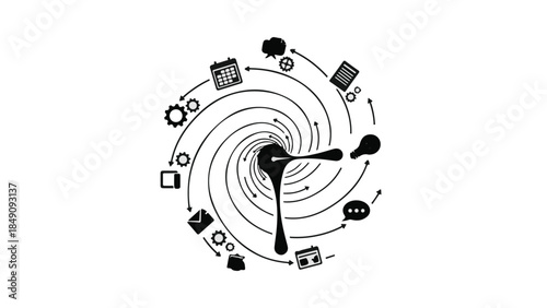 Black and white illustration of a clock surrounded by various technology and productivity icons