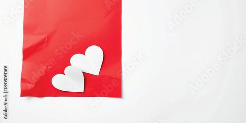 valentine's day, paper hearts, red background, white hearts, heart cutouts, handmade love, romantic craft, minimalist design, love concept, crumpled paper, paper art, anniversary card, wedding invitat