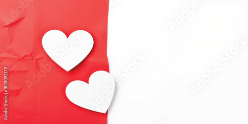 valentine's day, paper hearts, red background, white hearts, heart cutouts, handmade love, romantic craft, minimalist design, love concept, crumpled paper, paper art, anniversary card, wedding invitat
