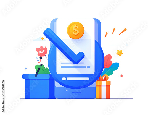 Mobile phone with a checkmark confirming a financial transaction