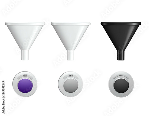 Three rendered funnels, two white and one black, and top views