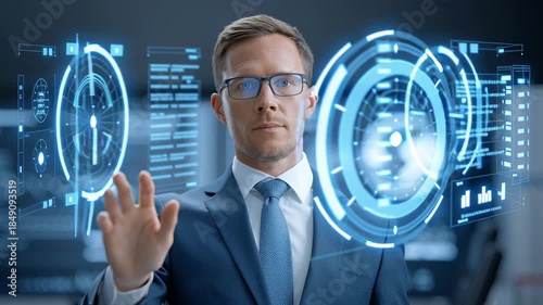 Businessman suit futuristic technology hologram interface digital touchscreen innovation virtual confident professional modern interactive data analysis science progress advanced workplace office