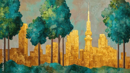 Abstract golden city skyline with trees