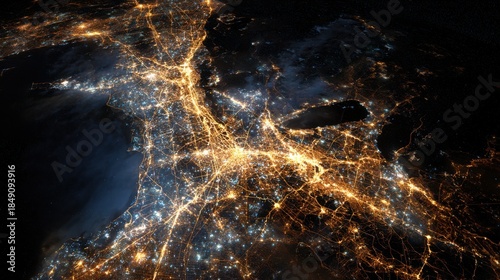 Aerial view of city lights at night from space