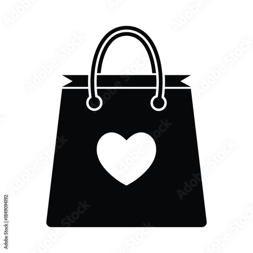 A black shopping bag icon featuring a white heart symbol on a white background