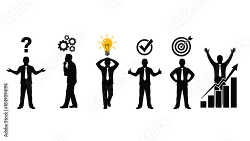 Business professionals navigating through problem-solving stages to achieve success in a corporate environment from a third-person viewpoint