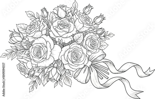 Elegant black and white line art illustration of a beautiful rose bouquet tied with a flowing decorative ribbon perfect for design