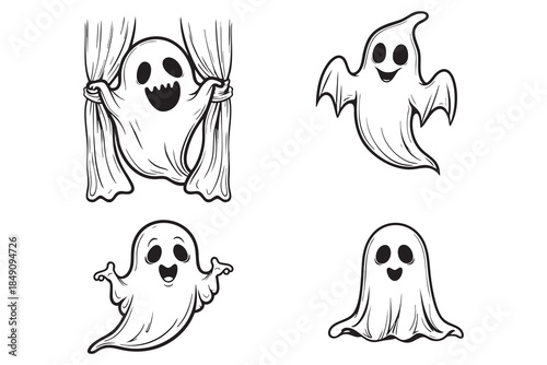 Ghost Outline. Set of Cute Cartoon Ghosts in Various Poses Halloween Clipart