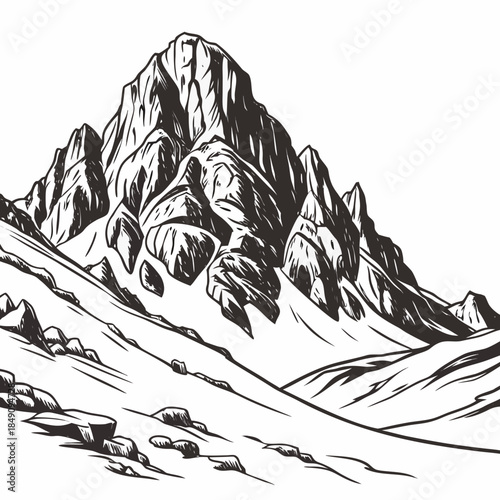 Black and white of a mountain with sharp terrain on a white background