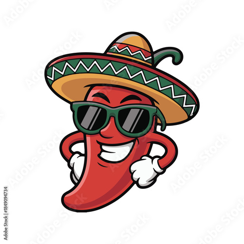 Cool Chili Pepper Mascot Wearing Sombrero and Sunglasses Cartoon Illustration