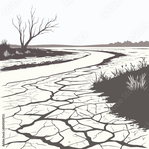 Dry riverbed with cracked earth and bare tree desolate landscape