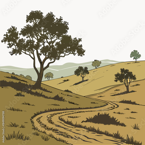 Rolling hills with winding dirt path and trees countryside