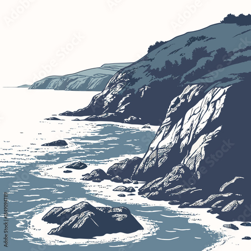 Rocky coastal slope meeting waterline in grayscale 1