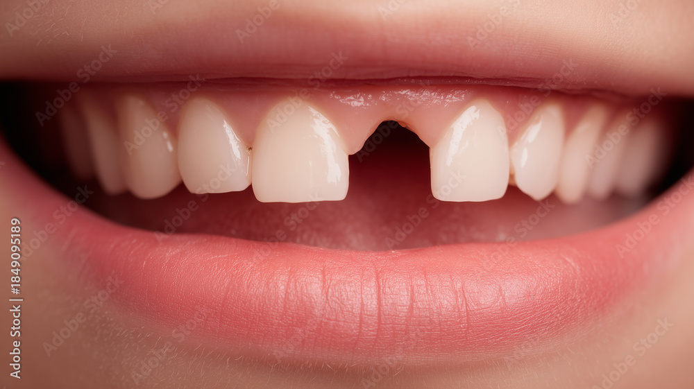 Fototapeta premium A missing front tooth close up showing dental loss and illustrating oral health challenges and treatment concepts. 