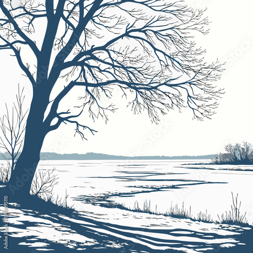 Frozen plain with bare tree and soft shadows realistic