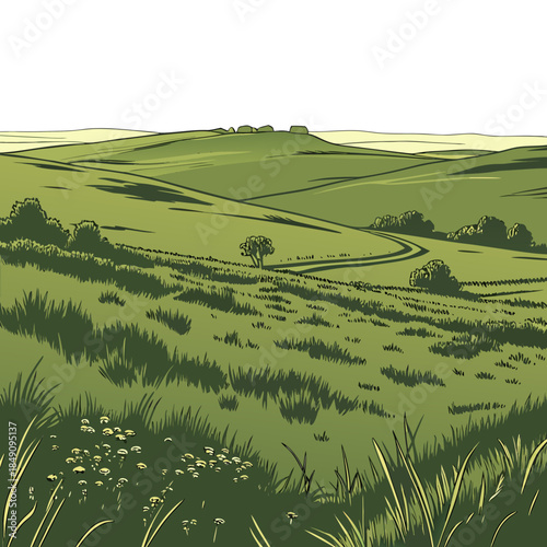 Green rolling hills with trees and grasslands green hills