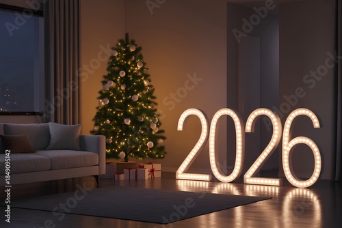 Cozy scene of a warm living room with a christmas tree and glowing 