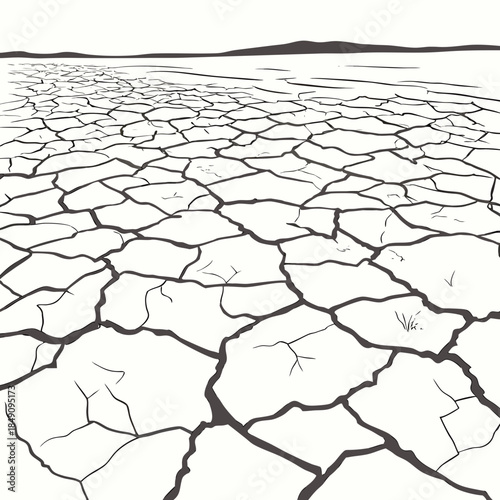 Desert plain with cracked dry earth surface and distant hills