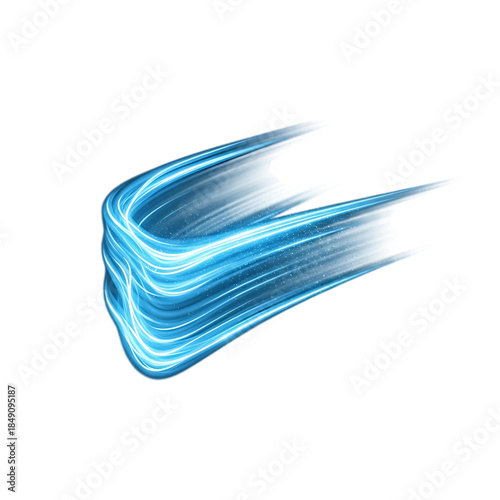 Glowing blue neon light streaks curving to right isolated on transparent background