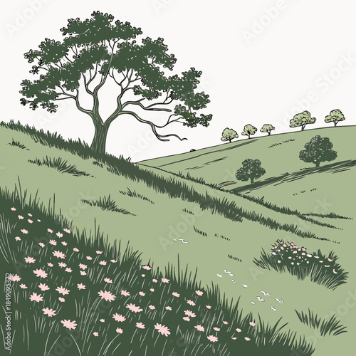 Green meadow with trees and pink flowers on a hillside