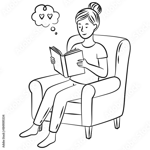 Vector doodle illustration of girl reading a book sitting on an armchair. Hand-drawn black and white line art perfect for lifestyle designs