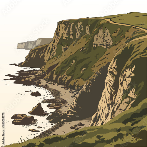Coastal headland with sloping rock and grassy cliffside