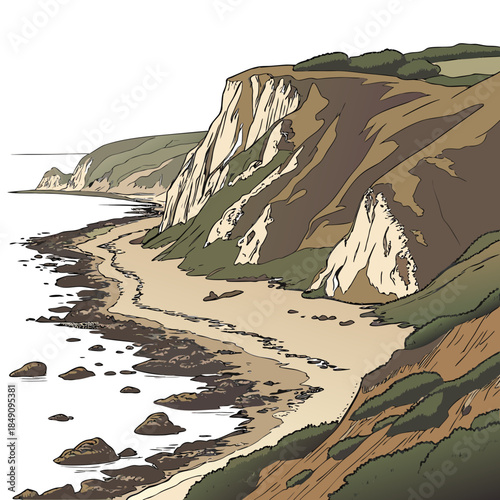 Coastal headland with sloping rock formations and sandy beach